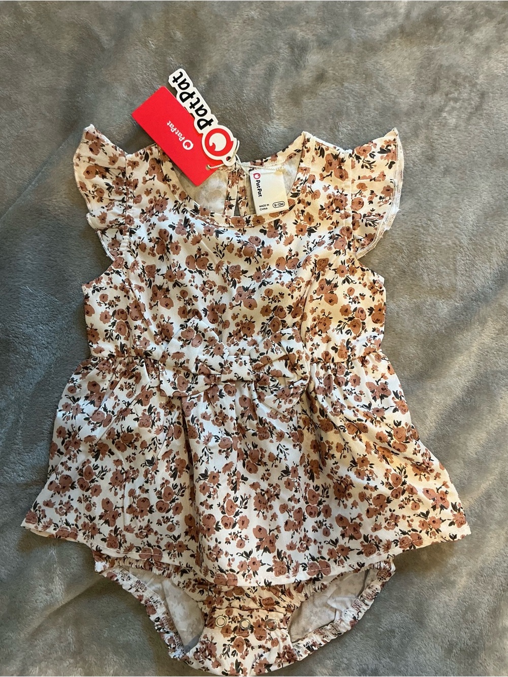PatPat Cream Floral Ruffle Romper with Brown Flowers